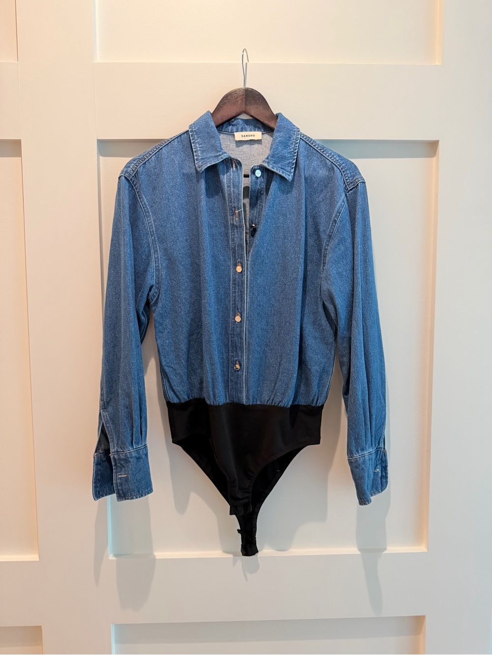 Sandro Denim Bodysuit Jeans-Style Shirt in Blue and Black- size small (36)